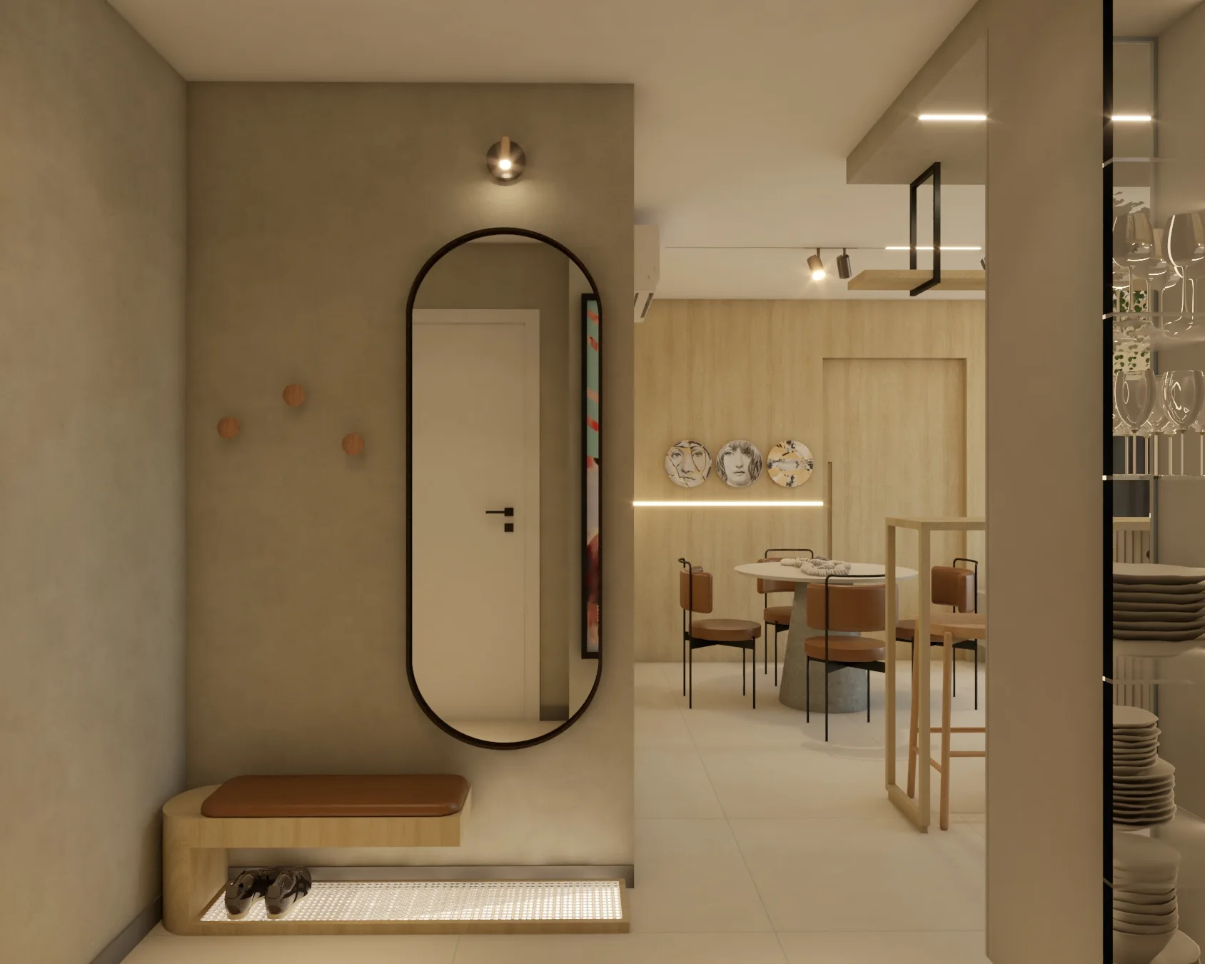 Circulação com espelho orgânico e vista para sala de jantar