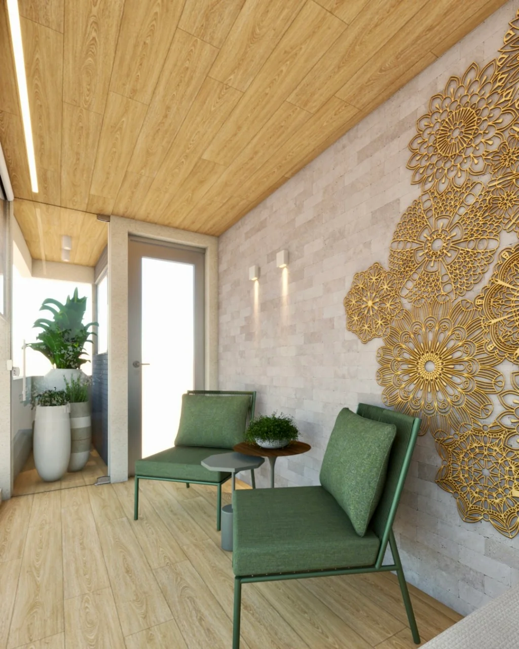 Estar com poltronas verdes, parede texturizada e composição dourada